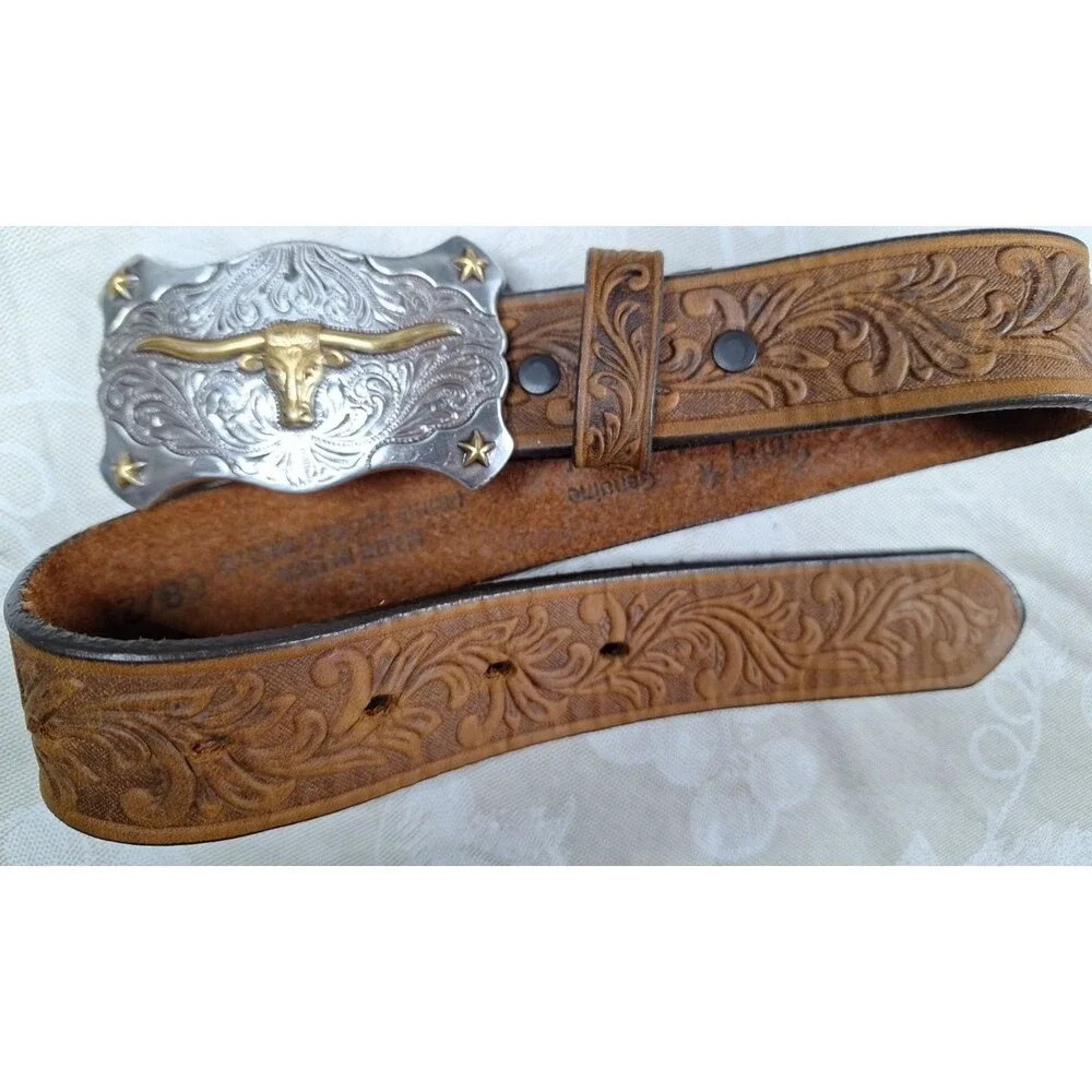 NWT Tony Lama LITTLE TEXAS Handtooled Western Leather Belt W Buckle Child 4/6 yr